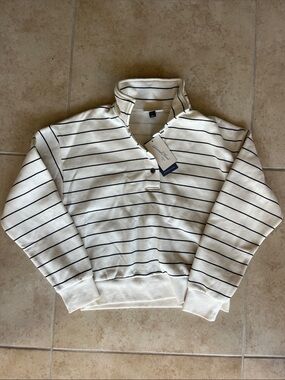 XS Classic Striped Quarter‑Zip Pullover Sweater - Cream with Black Stripes